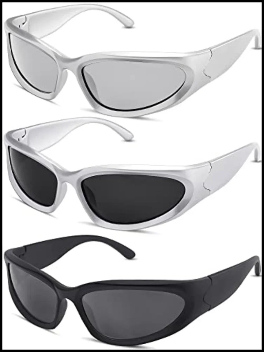 3 Pack Wrap Around Sunglasses Y2K Trendy Retro UV Protection Sporty Oval Shades